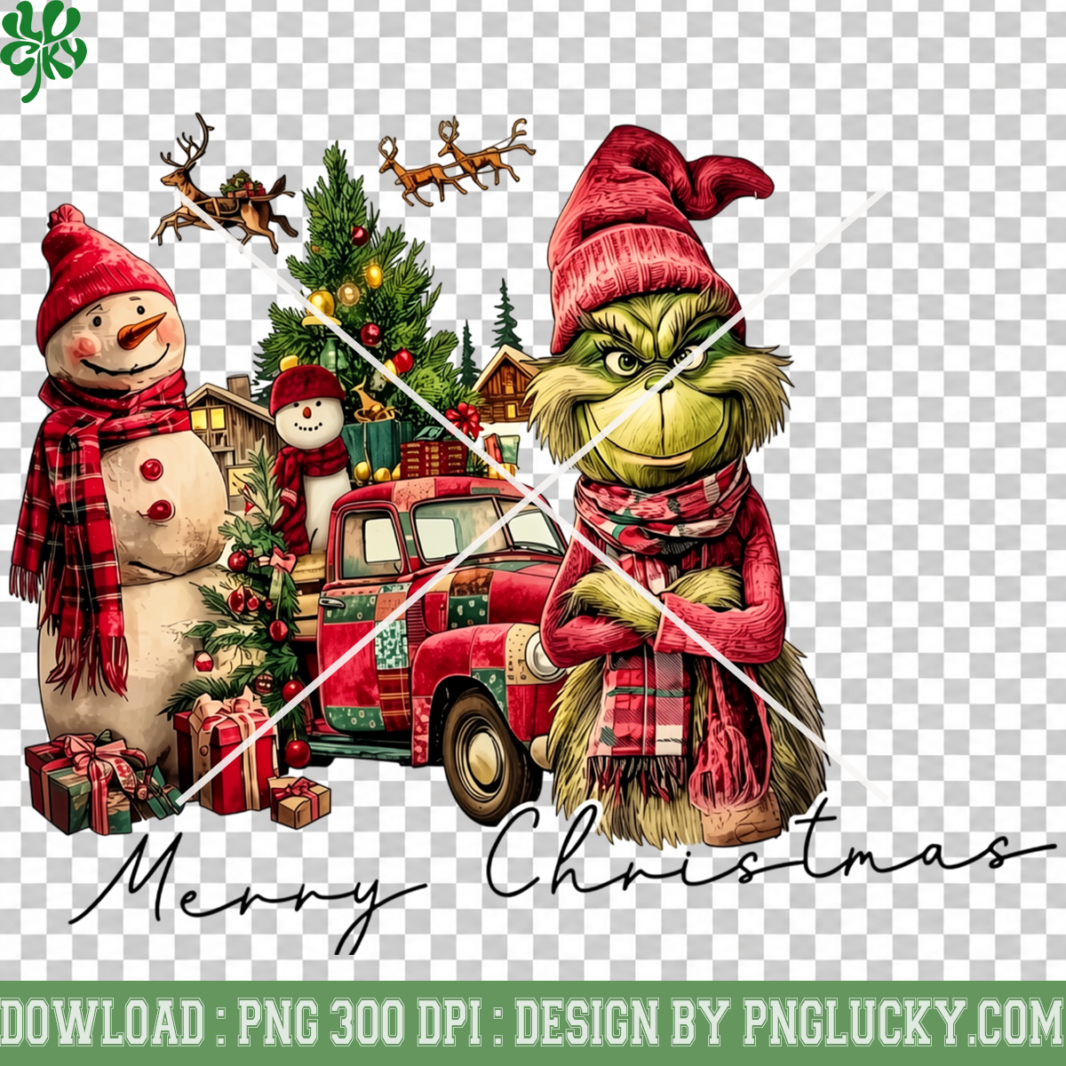 Grinch Christmas Snowman Truck PNG, Vintage Grinch Merry Christmas PNG, Christmas Tree Red Truck Holiday PNG