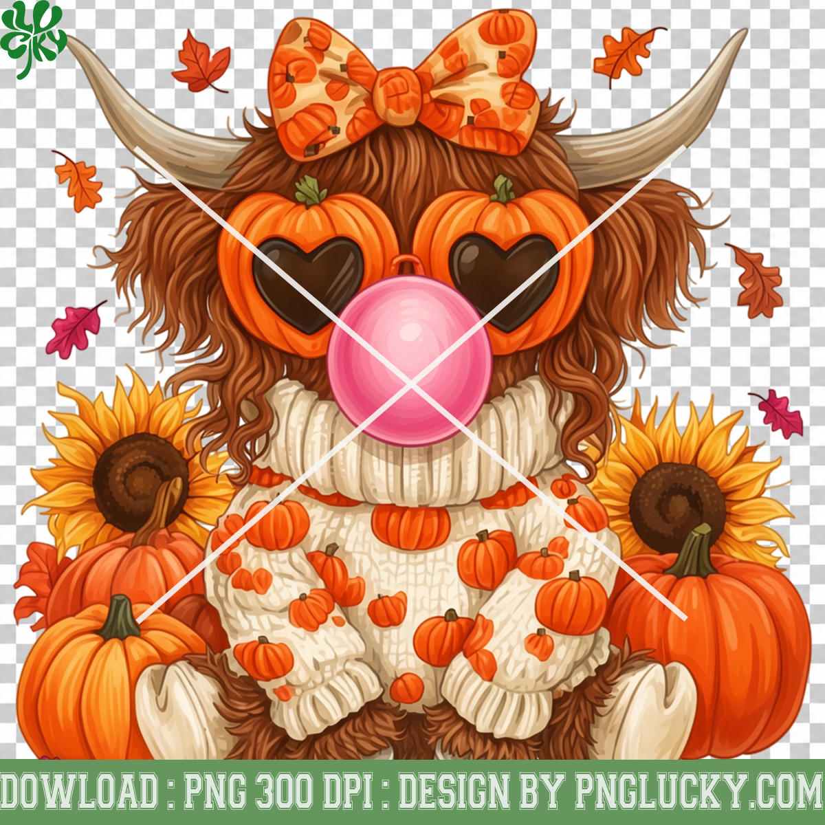 Highland Cow Pumpkin Fall PNG, Cute Fall Cow Bubble Gum PNG, Autumn Highland Cow Sunflower PNG