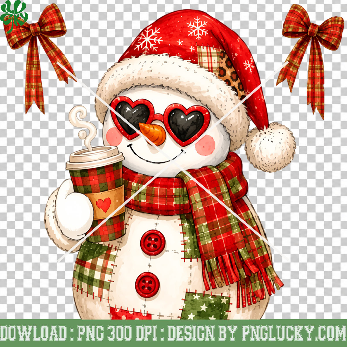 Christmas Snowman Coffee PNG, Cute Plaid Snowman Christmas PNG, Snowman Heart Glasses Holiday PNG
