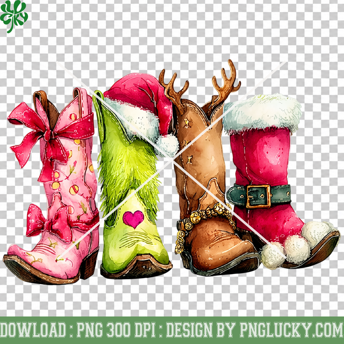 Christmas Cowboy Boots PNG, Pink Grinch Christmas Boots PNG, Western Christmas Boots Holiday PNG