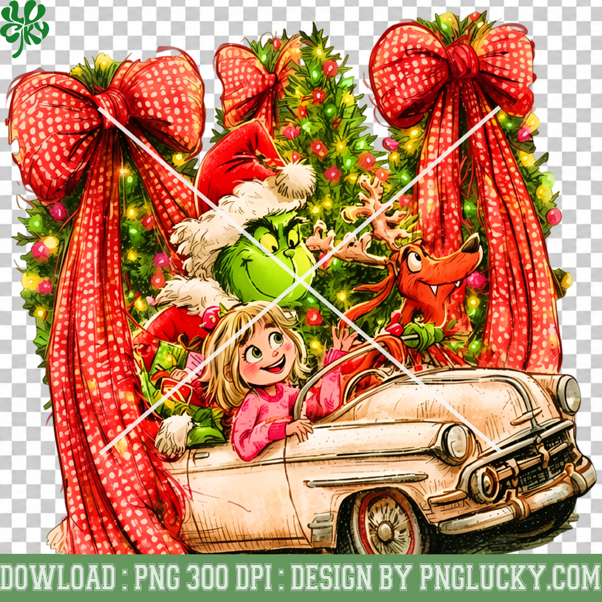 Grinch Christmas Car PNG, Grinch Christmas Wreath Red Bow PNG, Retro Christmas Car Holiday PNG