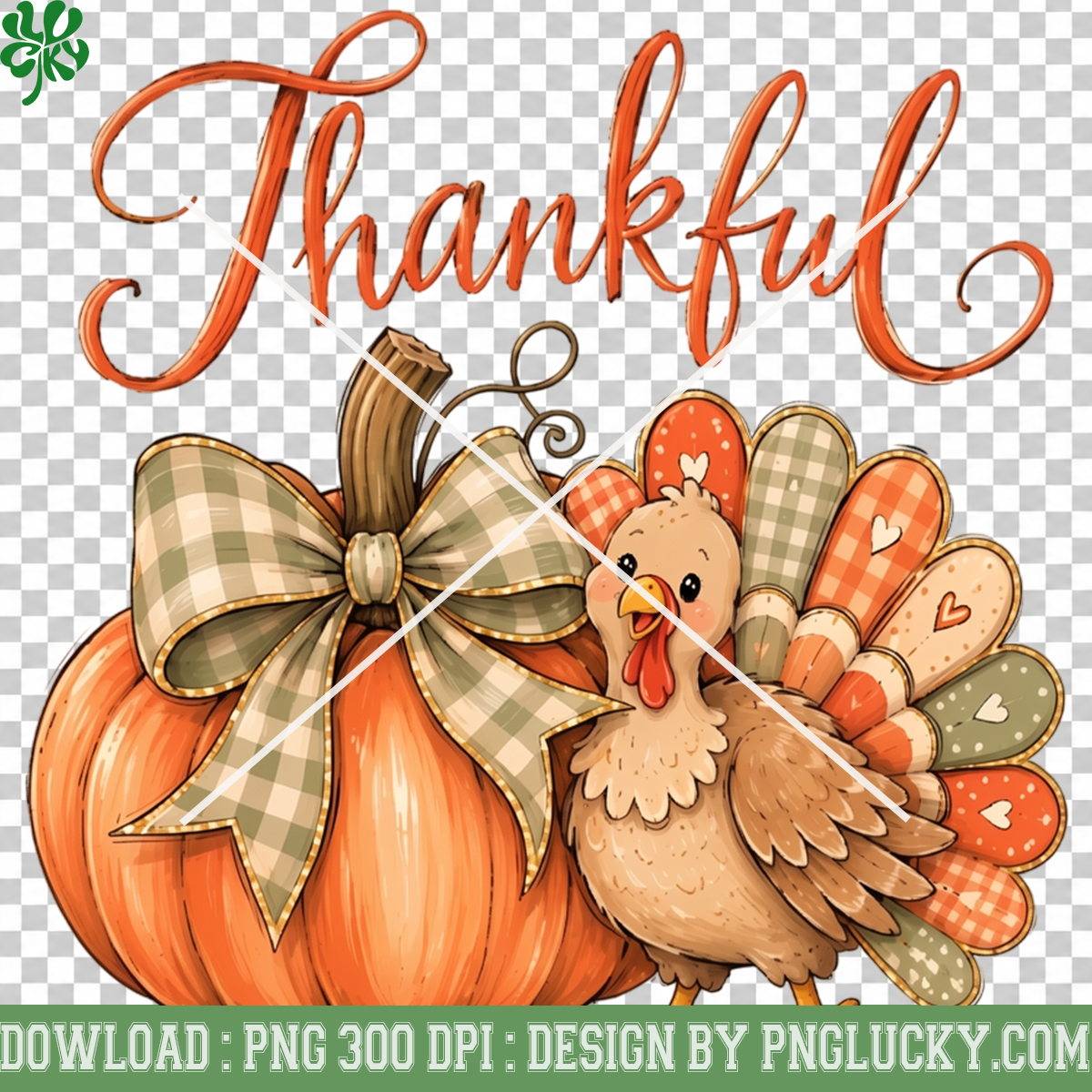 Thankful Turkey Pumpkin PNG, Cute Thanksgiving Turkey PNG, Fall Pumpkin Plaid Bow PNG