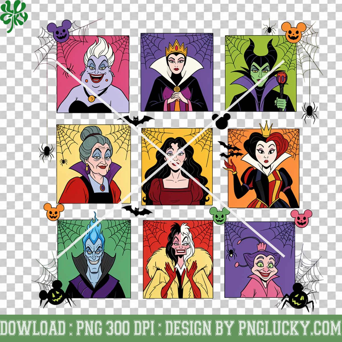 Halloween Villains Portrait Grid PNG, Colorful Spooky Evil Character Digital Artwork