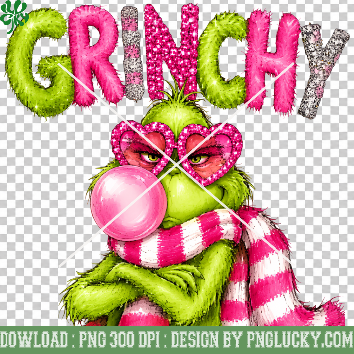 Grinchy Christmas Pink PNG, Grinch Pink Heart Glasses PNG, Pink Christmas Grinch Bubble Gum PNG