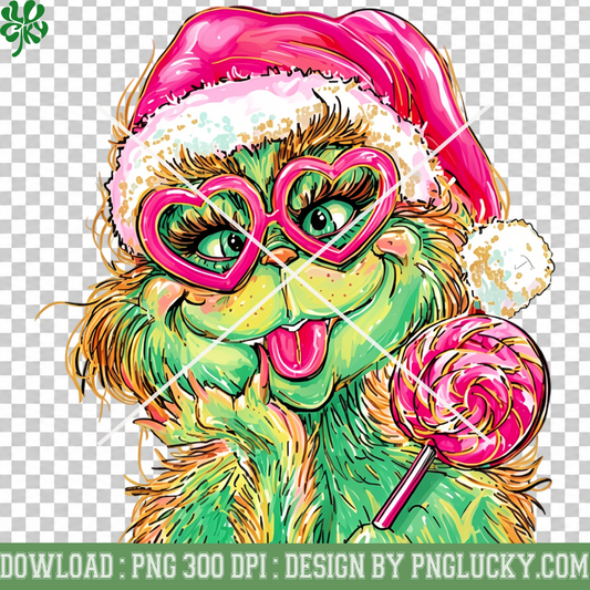 Pink Grinch Christmas PNG, Grinch Heart Glasses Lollipop PNG, Girly Grinch Santa Hat PNG