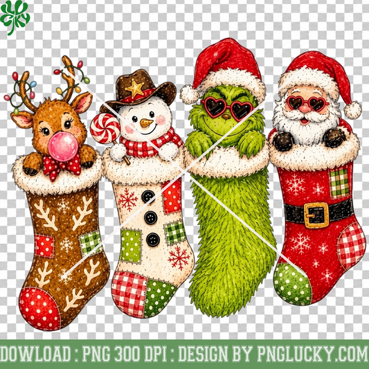 Christmas Stocking Characters PNG, Grinch Santa Snowman Reindeer PNG
