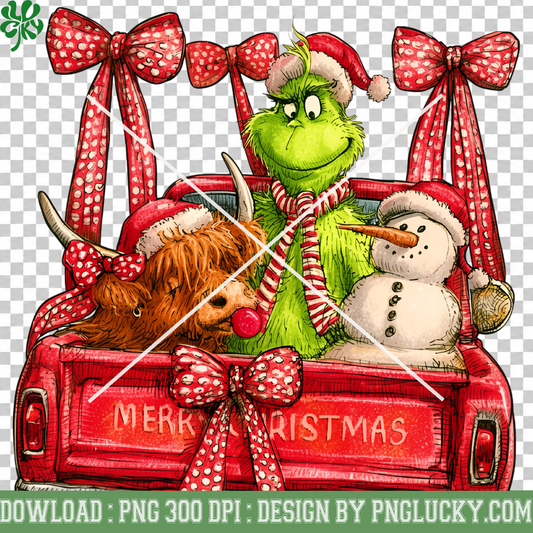 Grinch Christmas Truck PNG, Highland Cow Grinch Snowman PNG, Christmas Red Truck Bow PNG