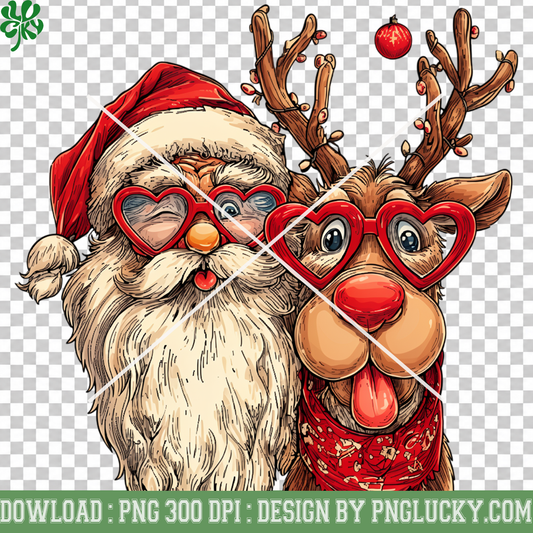 Santa and Reindeer Christmas PNG, Funny Santa Reindeer Heart Glasses PNG, Cute Christmas Selfie Holiday PNG