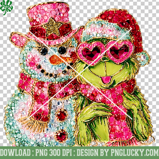 Grinch Snowman Christmas Bling PNG, Pink Rhinestone Grinch Christmas PNG, Sparkly Christmas Character PNG