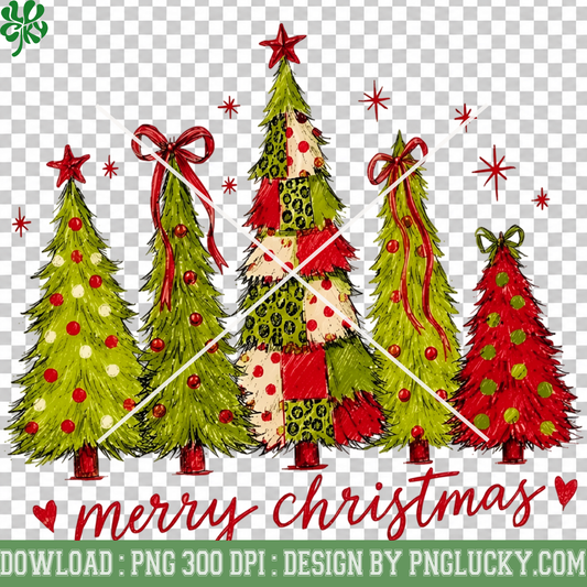 Whimsical Christmas Trees PNG, Patchwork Christmas Tree PNG, Colorful Merry Christmas Trees PNG