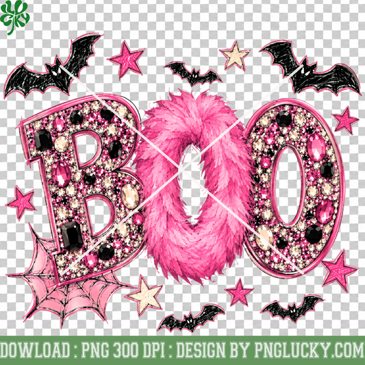 Pink Boo Halloween PNG, Rhinestone Boo Ghost Halloween PNG, Pink Glitter Bat Spooky Season PNG