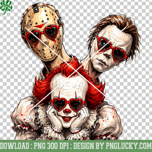 Horror Characters Heart Glasses PNG, Halloween Horror Squad PNG, Funny Spooky Horror Characters PNG