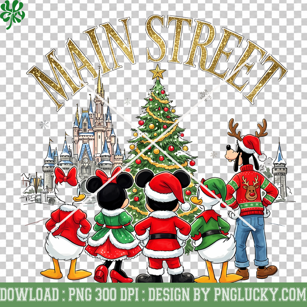 Main Street Christmas Family PNG, Magical Castle Holiday Tree Character Design
