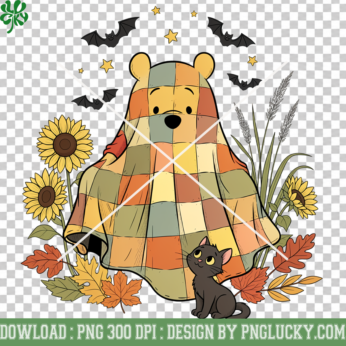 Patchwork Bear Ghost Costume PNG, Autumn Sunflowers Black Cat Halloween Design